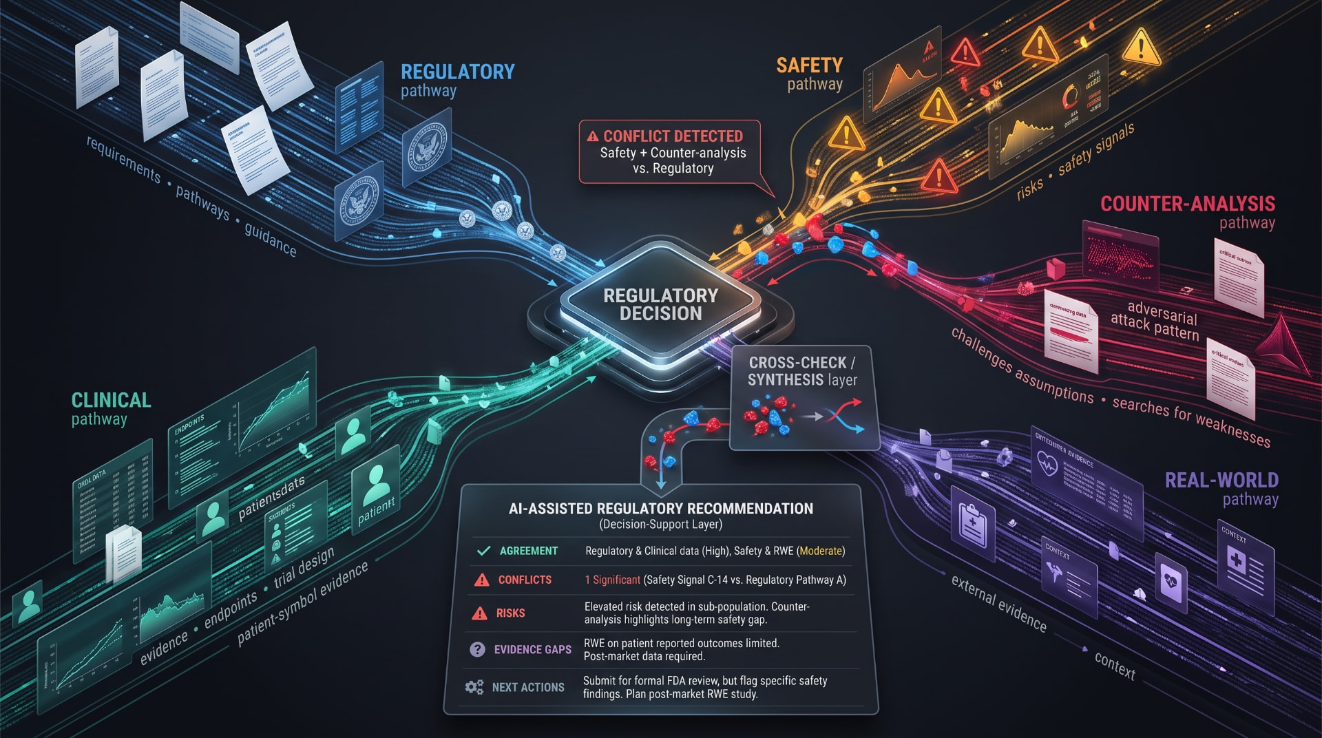 Five specialist agent pathways converging through cross-check and synthesis into AI-assisted regulatory decision support