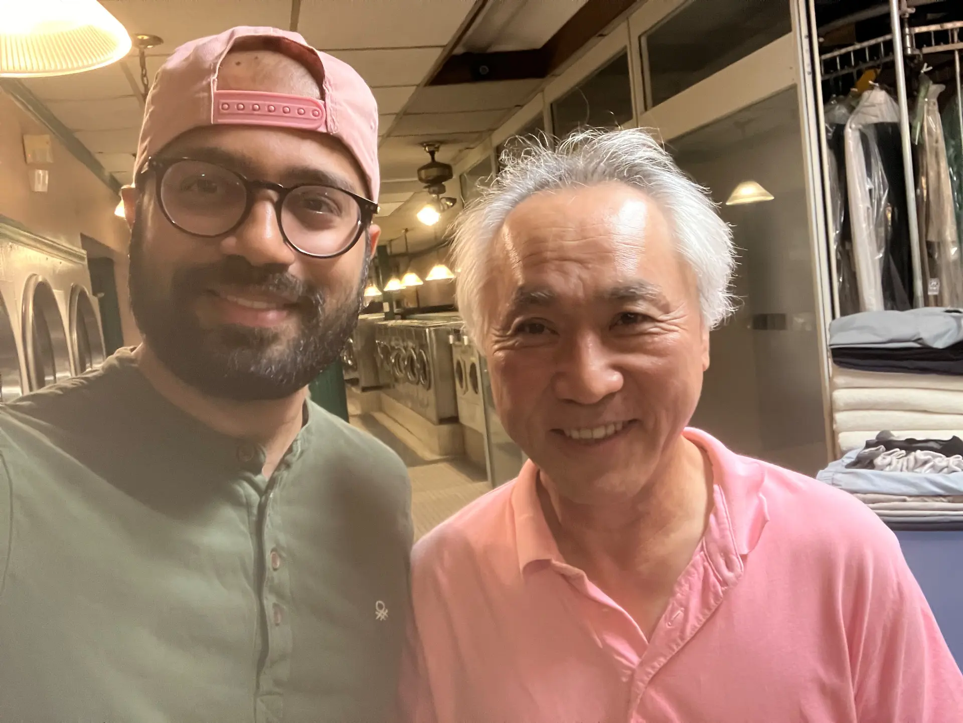 Joshua with Mr. Kim inside Back Bay Laundromat